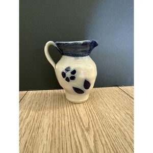 Vintage Williamsburg Creamer Pitcher Pottery Salt Glaze Small Blue Flower 4.5"